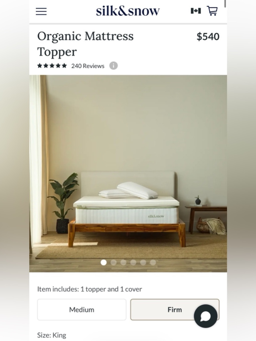 New! $610.20 Silk&Snow Organic Mattress Topper + Cover, King (Firm)